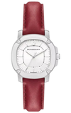 Burberry Brit The Britain watch with white dial, silver-tone case, and red leather strap