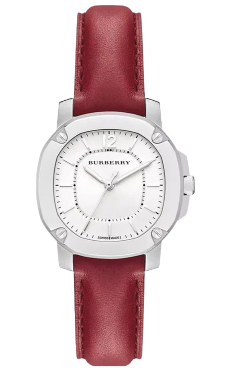 Burberry Brit The Britain watch with white dial, silver-tone case, and red leather strap