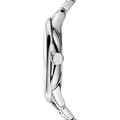 Side profile of Burberry Classic Check watch showing silver stainless steel case and bracelet