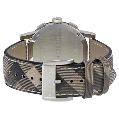 Burberry BU9361 watch caseback with check pattern fabric strap and buckle