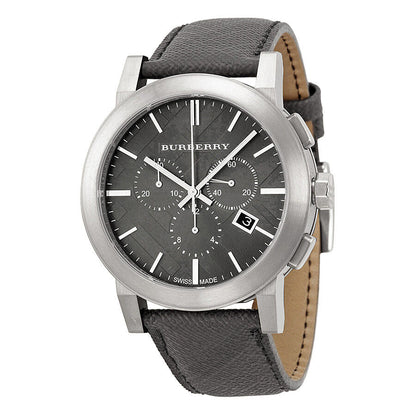 Burberry grey dial chronograph watch with stainless steel case and black leather strap