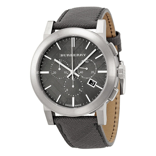 Burberry grey dial chronograph watch with stainless steel case and black leather strap