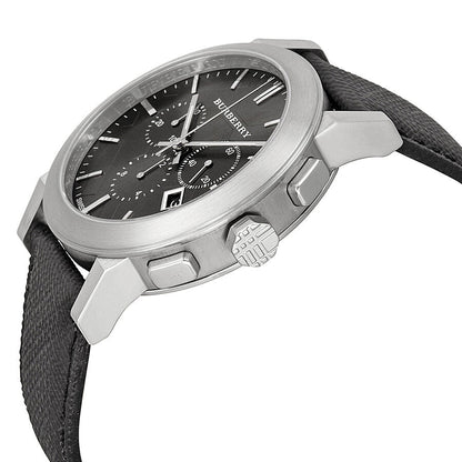 Side angle view of Burberry chronograph with grey dial and black leather strap