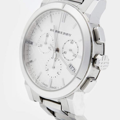 Burberry The City chronograph watch side angle view showing stainless steel bracelet and case