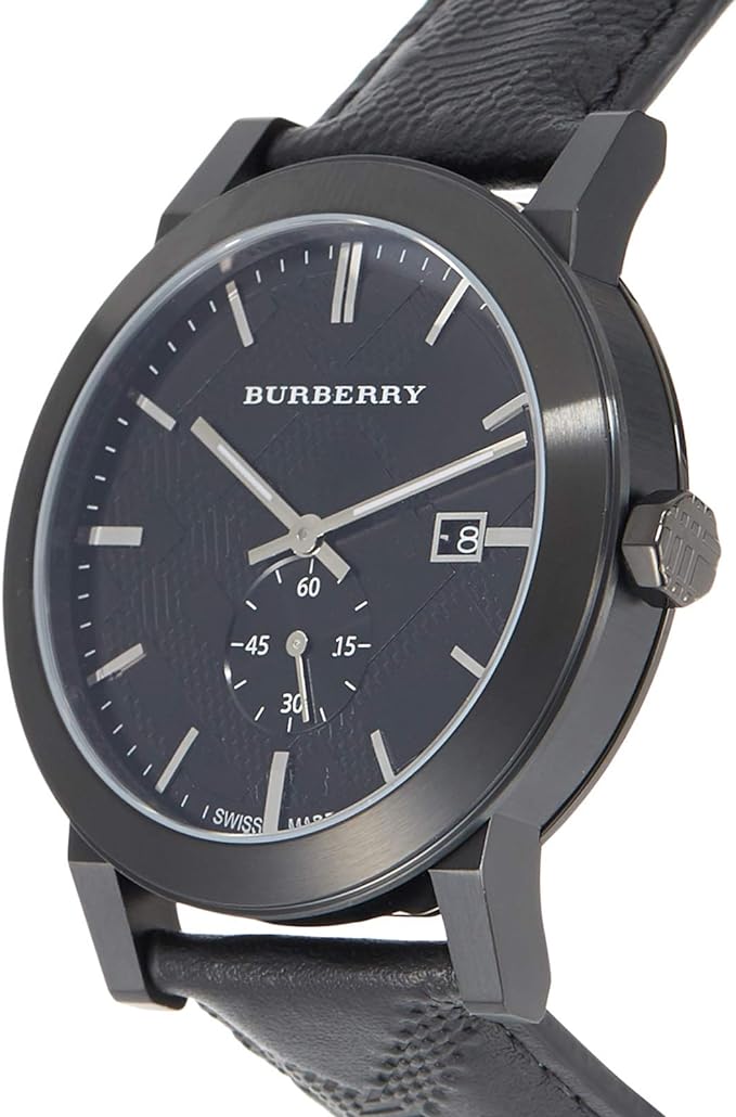 Burberry City watch at angle showcasing black case and leather strap