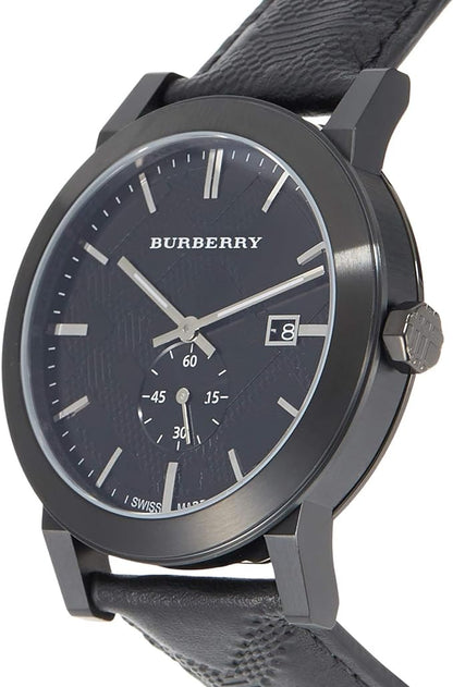 Burberry City watch at angle showcasing black case and leather strap