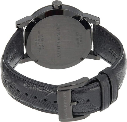 Burberry City watch caseback showing engraved text and black leather strap