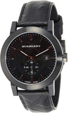 Burberry City men's watch with black dial, leather strap, and date window