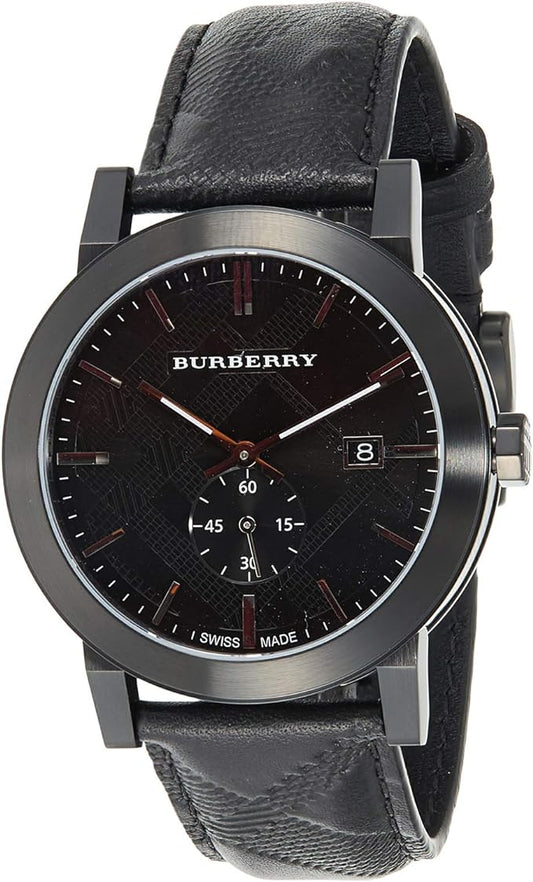 Burberry City men's watch with black dial, leather strap, and date window