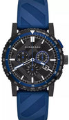 Burberry City Sport chronograph watch with black dial, blue tachymeter bezel, and blue rubber strap