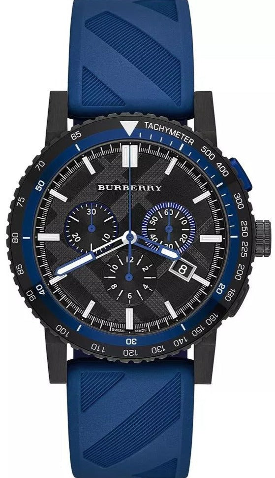Burberry City Sport chronograph watch with black dial, blue tachymeter bezel, and blue rubber strap