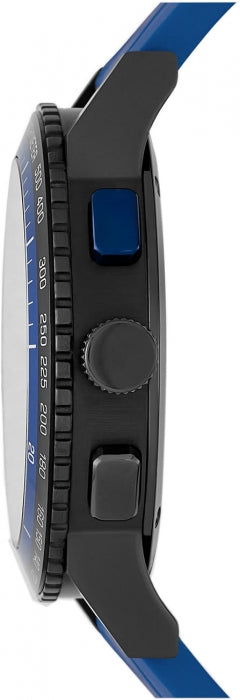 Side profile of Burberry City Sport watch showing case depth and blue rubber strap