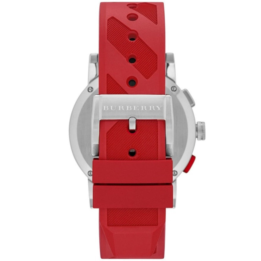 Back view of Burberry City Sport watch showing stainless steel caseback and red rubber strap with Burberry branding
