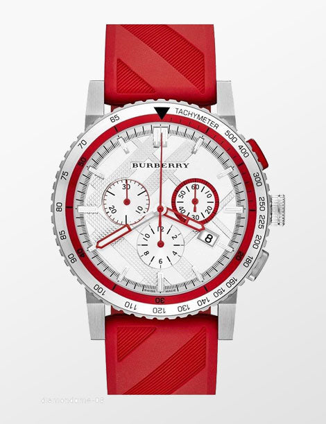 Burberry City Sport chronograph men's watch featuring white dial with red accents and red textured rubber strap