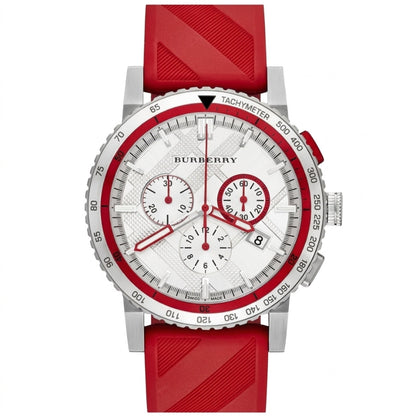 Burberry City Sport chronograph watch with white dial, red and white bezel, dual subdials, and red rubber strap