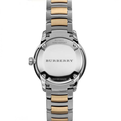 Burberry The Classic watch case back showing Swiss-made and water resistance markings