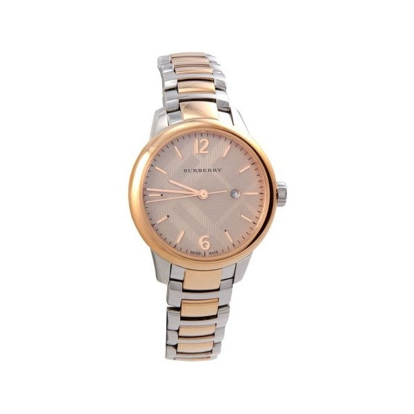 Burberry Classic BU10117 watch at angle showing rose gold case, date window and two-tone bracelet