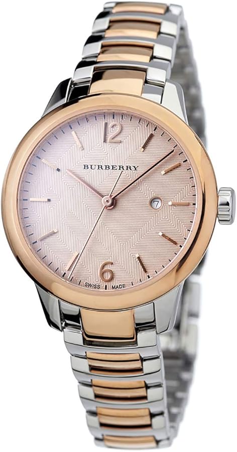 Burberry Classic BU10117 watch angled view showing rose gold case and two-tone steel bracelet