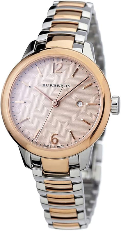 Burberry Classic BU10117 watch angled view showing rose gold case and two-tone steel bracelet