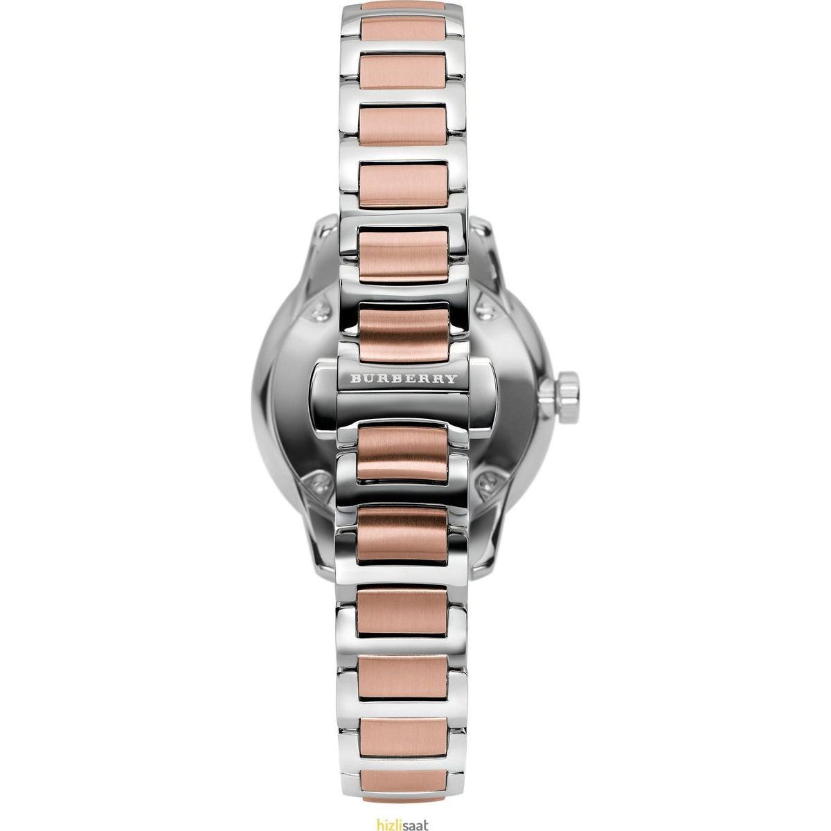 Burberry Classic BU10117 watch caseback and bracelet showing two-tone rose gold and silver steel construction