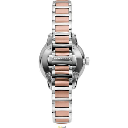 Burberry Classic BU10117 watch caseback and bracelet showing two-tone rose gold and silver steel construction