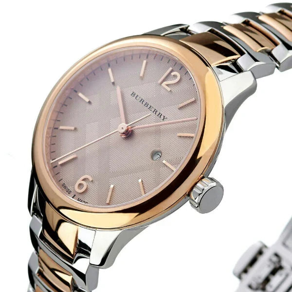 Burberry Classic BU10117 dial detail with rose finish, applied indices and date window