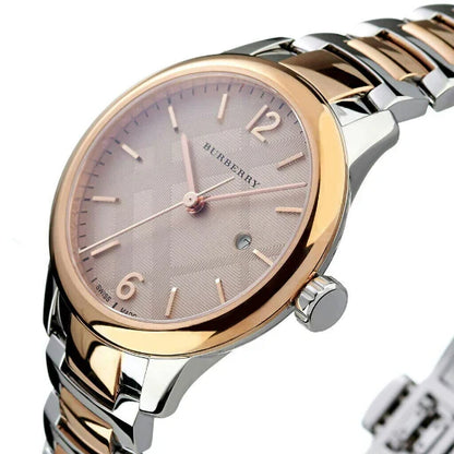 Burberry Classic BU10117 dial detail with rose finish, applied indices and date window