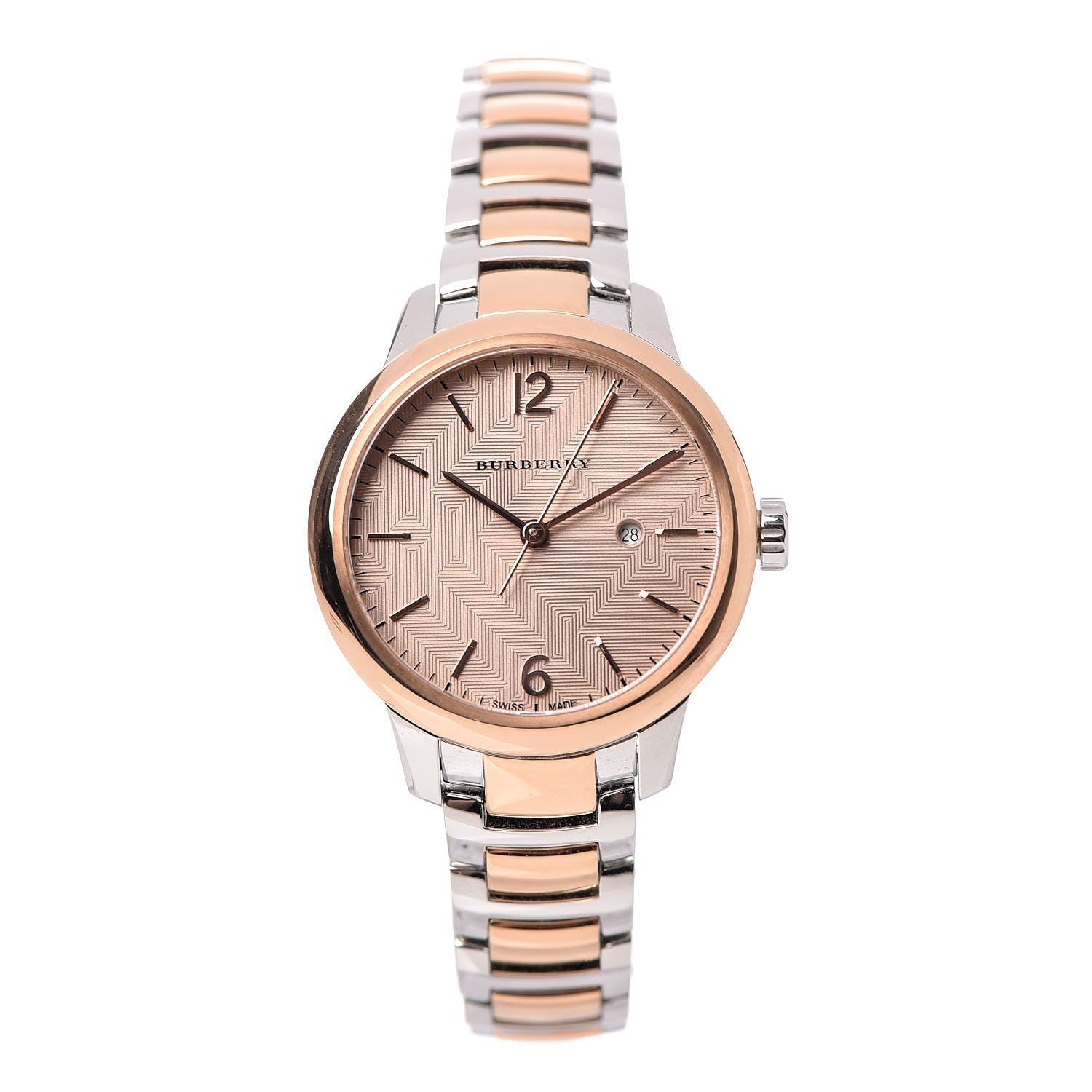Burberry The Classic BU10117 women's watch face with rose dial, rose gold bezel and two-tone bracelet