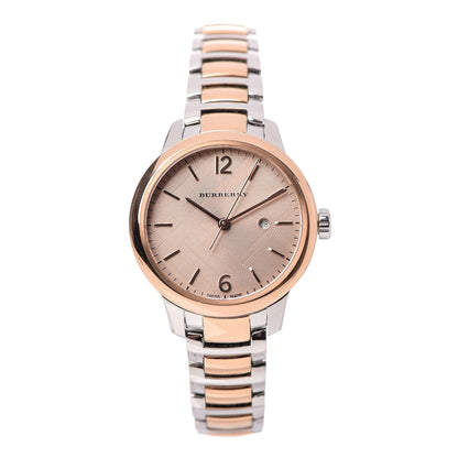 Burberry The Classic BU10117 women's watch face with rose dial, rose gold bezel and two-tone bracelet