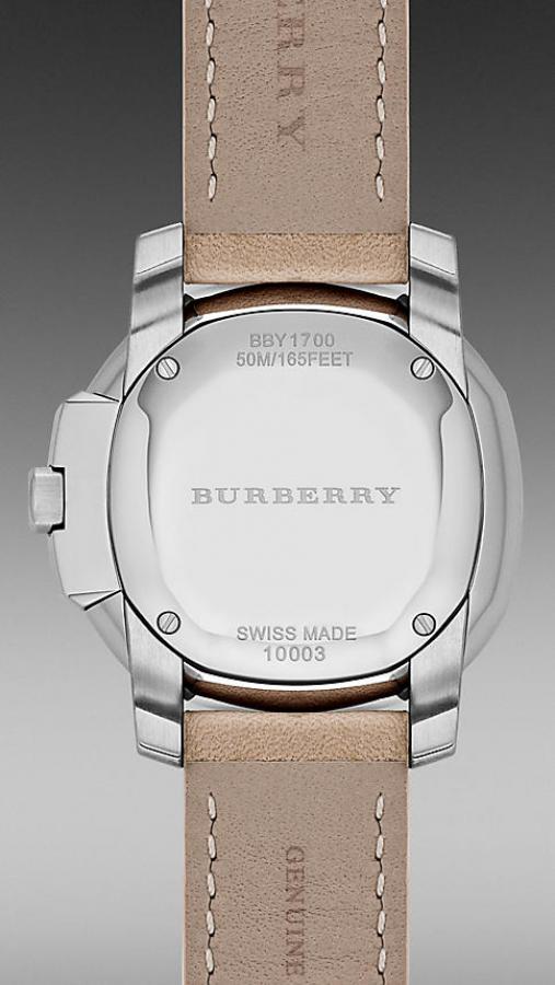 Burberry The Britain caseback showing BBY1700 model, Swiss made designation, and 10003 reference