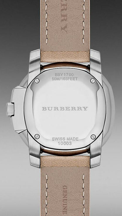 Burberry The Britain caseback showing BBY1700 model, Swiss made designation, and 10003 reference