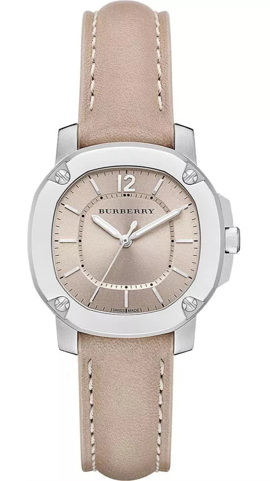 Burberry The Britain watch with brown dial, stainless steel case, and brown leather strap