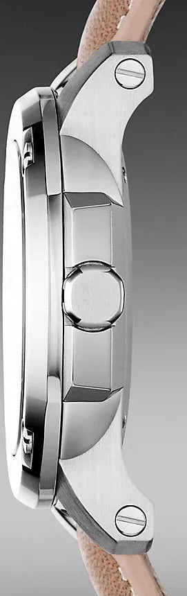 Burberry The Britain watch side profile with brown leather strap and stainless steel case