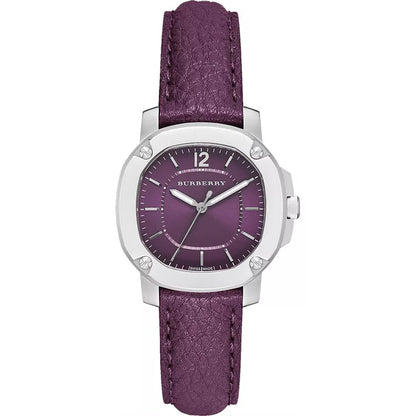 Burberry The Britain watch with maroon sunray dial, silver case, and maroon leather strap