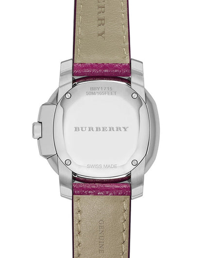 Caseback of Burberry The Britain watch showing model number, Swiss made, and water resistance