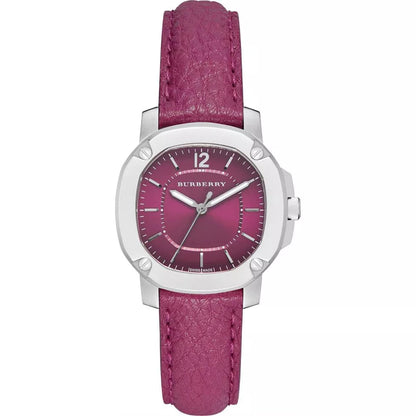 Burberry The Britain watch with brushed silver case, magenta pink dial, and pink leather strap