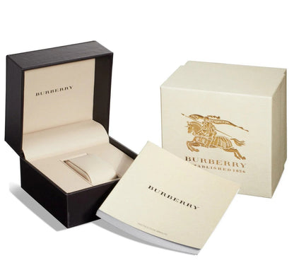 Burberry watch packaging with black leather case, cream box, and branded pouch