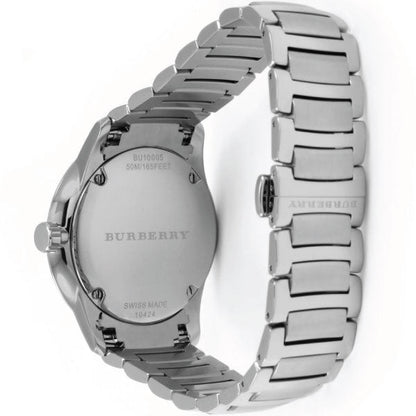 Caseback view of Burberry The Classic watch showing engraved Burberry logo and Swiss made specifications
