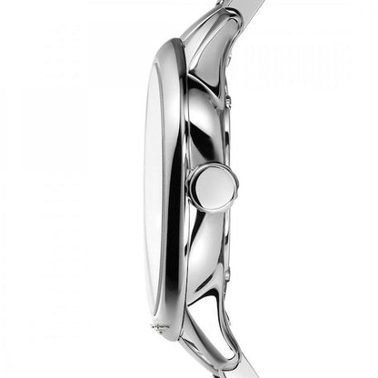 Side view of Burberry The Classic watch showing polished silver stainless steel case and bracelet profile