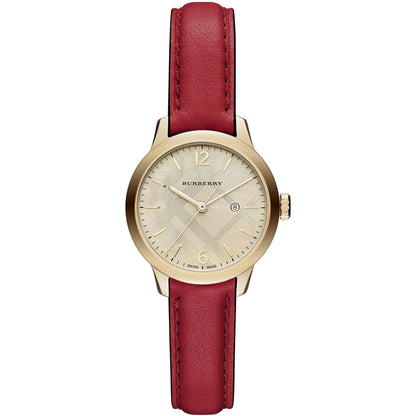 Burberry The Classic women's watch with gold-tone case, cream dial, and burgundy leather strap