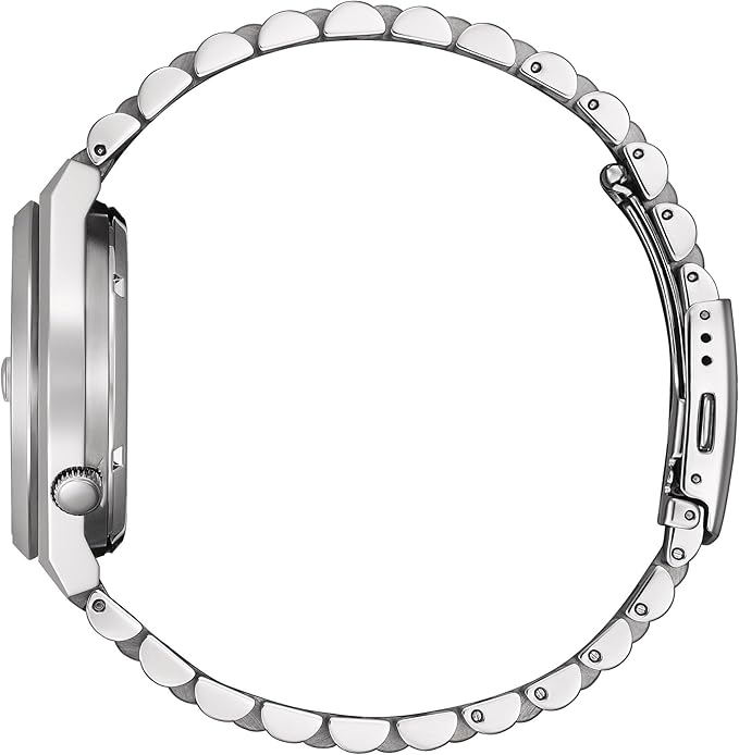 Citizen Tsuyosa men's watch shown at side angle displaying stainless steel bracelet