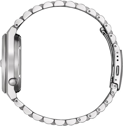 Citizen Tsuyosa men's watch shown at side angle displaying stainless steel bracelet