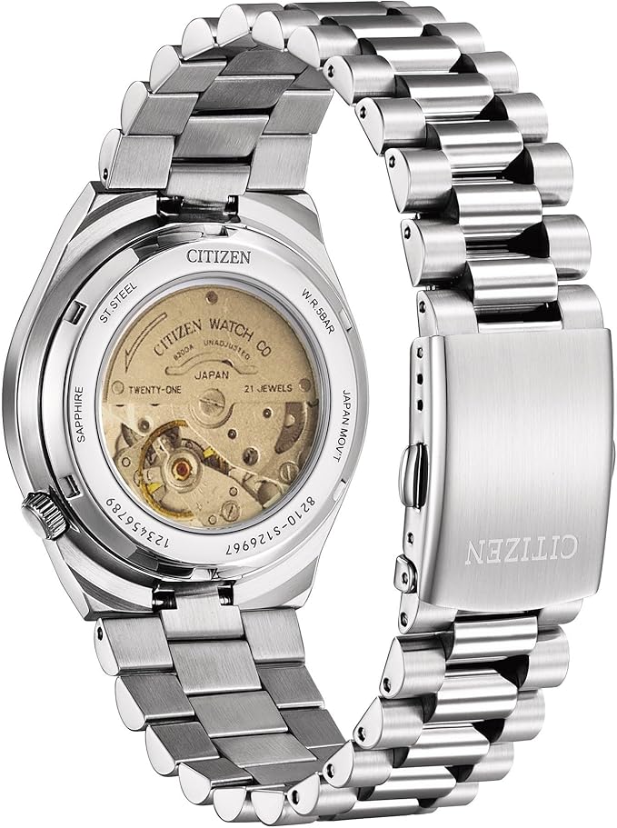 Citizen Tsuyosa caseback showing automatic movement and stainless steel construction