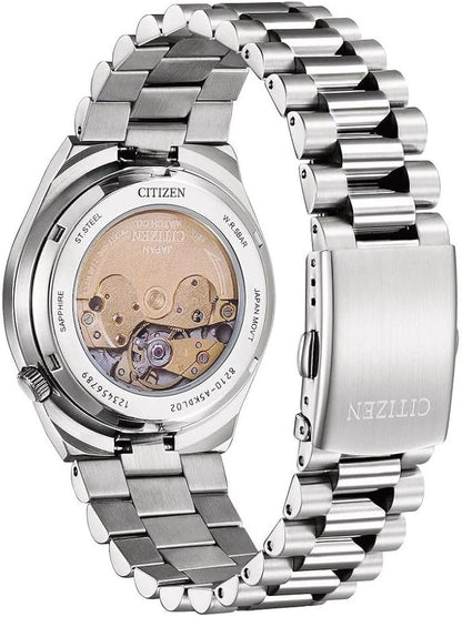 Citizen Tsuyosa Automatic caseback showing visible automatic movement with stainless steel bracelet