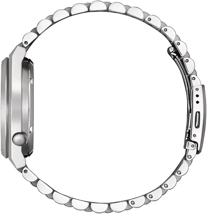 Side profile view of Citizen Tsuyosa Automatic watch showing case thickness and stainless steel bracelet