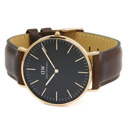 Daniel Wellington Bristol gold watch 40mm angled view showing full face and brown leather strap