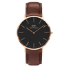 Daniel Wellington Bristol 40mm gold watch with black dial and brown leather strap