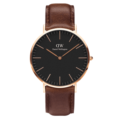 Daniel Wellington Bristol 40mm gold watch with black dial and brown leather strap