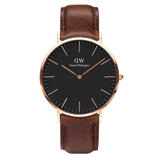 Daniel Wellington Bristol 40mm gold watch with black dial and brown leather strap