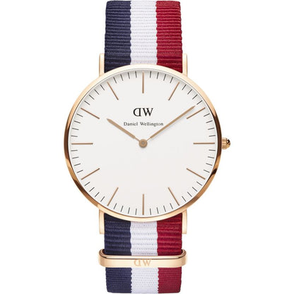 Daniel Wellington Cambridge 40mm gold watch with white dial and navy/white/red tricolour NATO strap